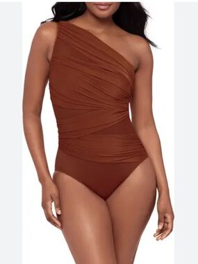 Miraclesuit Jena One Shoulder One Piece Swimsuit NWT Terra Cotta Brown US 14